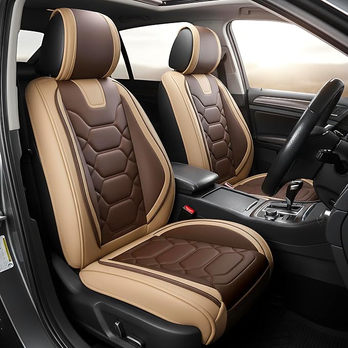 OASIS AUTO Car Seat Covers Full Set, Sporty Faux Leather with Honeycomb Pattern, Waterproof Universal Fit for SUV, Sedan, Pick-up Truck, Automotive Interior Accessories (OS-004 Coffee)