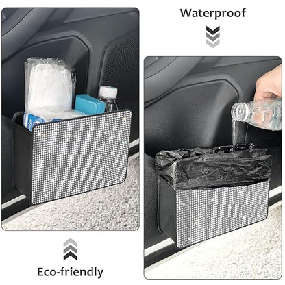 Accmor Bling Car Trash Can, Foldable Vehicle Trash Bin Dustbin Garbage Organizer Storage, Sparkling Crystal Rhinestone Trash Bags Holder Container with 30pcs Garbage Bag Car Accessories for Auto, SUV