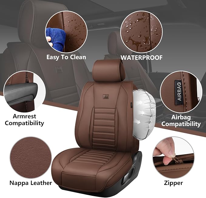 CAR PASS Nappa Leather Car Seat Covers Full Set, Luxury Seat Protector for Cars, Waterproof Anti-Slip Seat Cushion Armrest Compatible Airbag Universal for Sedan SUV Pick-up Truck Auto,Brown