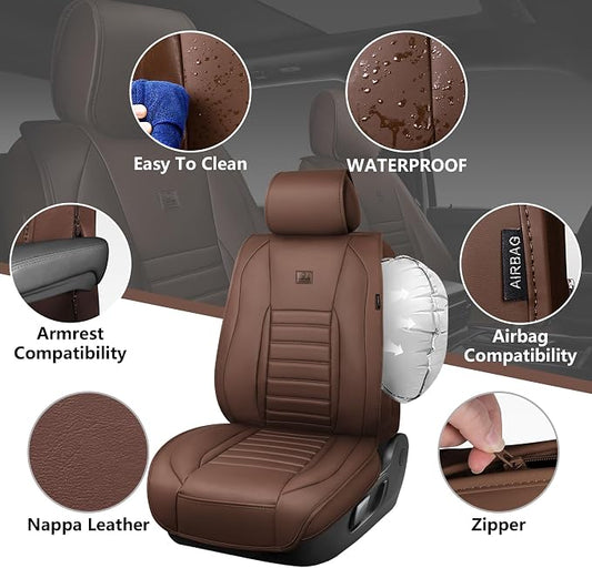 CAR PASS Nappa Leather Car Seat Covers Full Set, Luxury Seat Protector for Cars, Waterproof Anti-Slip Seat Cushion Armrest Compatible Airbag Universal for Sedan SUV Pick-up Truck Auto,Brown