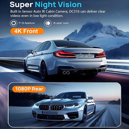 3 Channel 4K WiFi Dash Cam, 4K+1080P+1080P Front Inside and Rear, Triple Dash Camera with 32GB Card, APP Control, G-Sensor, 24 Hours Parking Mode, Loop Recording, Night Vision
