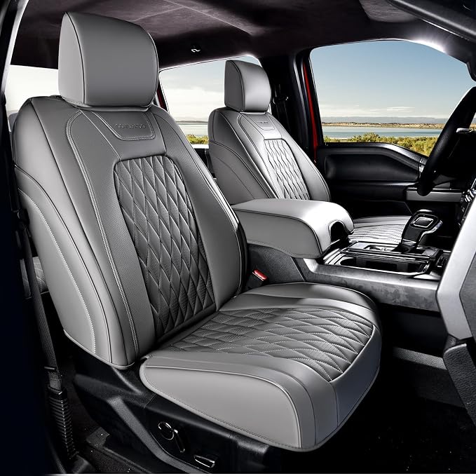 Coverado Leather Seat Covers Full Set Fit for Ford F150 F250 F350 F450, Waterproof Ford F150 Truck Seat Covers Fit for 2015-2026 F150 and 2017-2026 F250 F350 F450 (Gray)