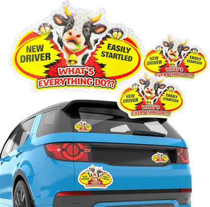 3 Pcs Reflective Student Driver Magnet and Stickers Set - Funny Animal New Driver Safety Signs for Car, Waterproof & Weatherproof High Visibility Vehicle Bumper Decals, Magnet + Stickers (Cow)