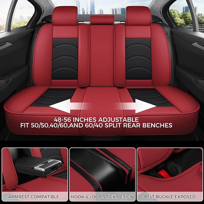 otoez Car Seat Covers Full Set, 5 Seats Waterproof Universal Leather Seat Cover for Cars, Front Rear Automotive Interior Protectors Full Coverage for Most Cars Sedens Trucks SUVs, Black+Red
