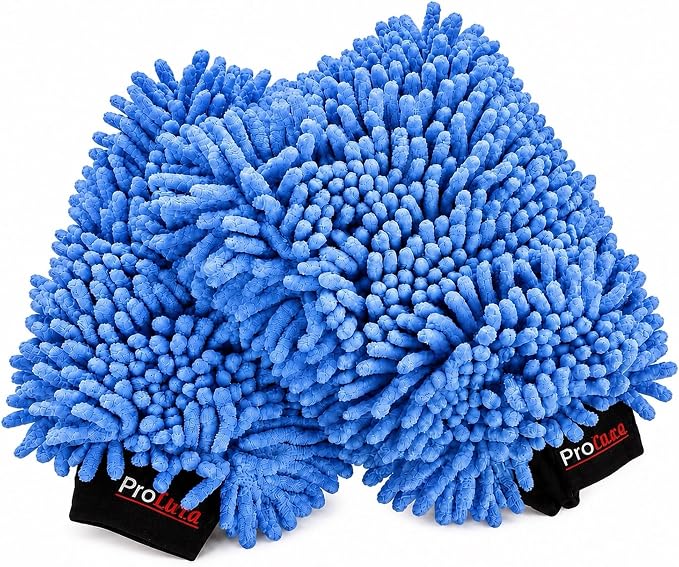 Microfiber Car Wash Mitt 2 Pack, Chenille Scratch-Free Wash Gloves, Ultra Soft, Highly Absorbent, 7.1” x 10.2”, Lint-Free, Reusable Auto Cleaning Mitt (Blue)