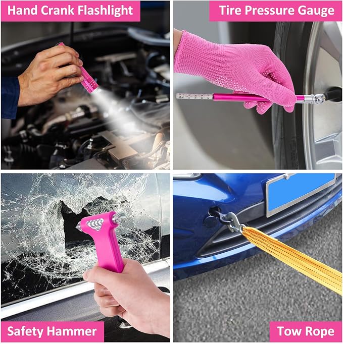 Car Roadside Emergency Kit - Pink Roadside Assistance Emergency Kit with Jumper Cables, Auto Tool Set, Deer Whistles, Winter Car Safety Roadside Assist Kit for Teen Girl and Ladies