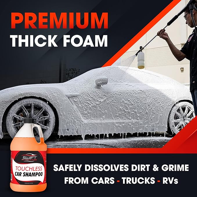 Swift Touchless Car Wash Shampoo (2 Gallon) - No Brushing Required, High Foaming Car Soap, Heavy Duty, Auto Detergent for Foam Cannon, Works on Cars, Trucks, RVs, Motorcycles, Upholstery & More!