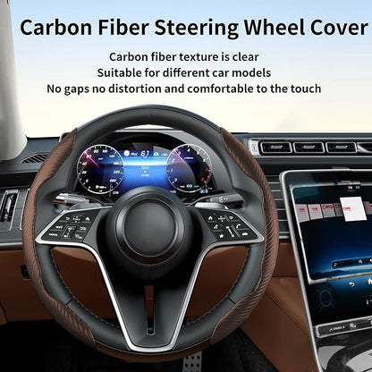 Carbon Fiber Steering Wheel Cover, 2-Piece Set Anti-Skid Comfortable Grip Segmented Butterfly Design, Easy Snap-On Installation Universal Fit 99% Cars, Brown