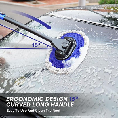 Ultimate Car Wash Brush with Long Handle | 15-Degree Curved Pole Design | Microfiber Brush Head | Adjustable Length | Wide Applications for Car, RV, Truck, Pickup | Car Wash Kit (Blue)