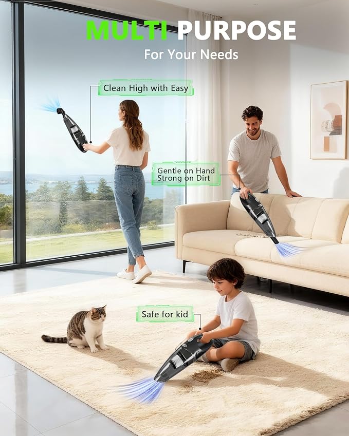Handheld Vacuum Cordless, Rechargeable Car Vacuum Cleaner with Multiple Attachments, Portable Hand Held Vacuum Suction Power, Mini Vacuum for Car, Home, Pet Hair, Office, Desk, Keyboards Black Silver