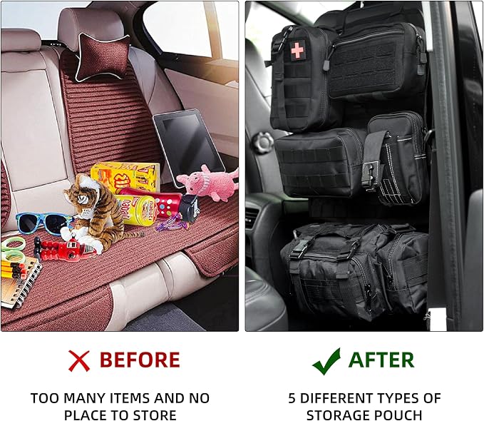 6 Pack Tactical Car Seat Back Organizer,Backseat Organizer with 5 Detachable Molle Pouches,Molle Panel Organizer Fits for Vehicel Such as Jeep,Truck,SUV, Car(Black)