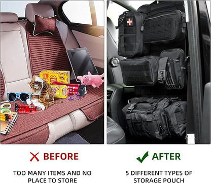 6 Pack Tactical Car Seat Back Organizer,Backseat Organizer with 5 Detachable Molle Pouches,Molle Panel Organizer Fits for Vehicel Such as Jeep,Truck,SUV, Car(Black)