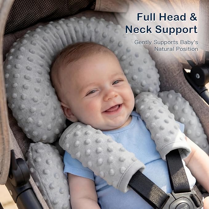 Pro Goleem Infant Car Seat Head Neck Body Support, Ultra-Soft Minky and Microfiber Newborn Car Seat Strap Pads, Perfect for CarSeat, Stroller, 2-in-1 Reversible, for Boys and Girls, Gray