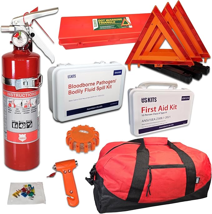 DOT Compliant NEMT Kit for Buses, Vans, Taxi Cabs, Rideshare Vehicles and Shuttles is Perfect for Keeping Drivers and Passengers Safe and with a Spill kit and LED Flare.