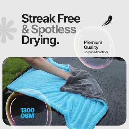 Crystal Clean 1300GSM Microfiber Towels for Cars – XL Drying Towel with Double Twisted Loop, Professional Detailing Towel Car Detailers - Quick Dry, Paint Safe & Swirl-Free (Grey+Blue)