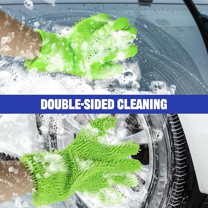 2PCS Car Wash Mitt, 5 Finger Chenille Microfiber Cleaning Mitt for Cars, Scratch-Free Auto Washing Gloves, Car Interior Exterior Cleaning Gloves, Great for Hard-to-Reach Areas (Green)