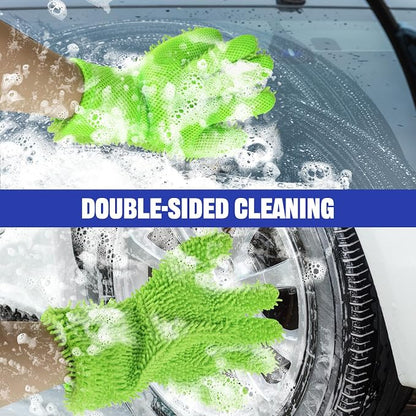 2PCS Car Wash Mitt, 5 Finger Chenille Microfiber Cleaning Mitt for Cars, Scratch-Free Auto Washing Gloves, Car Interior Exterior Cleaning Gloves, Great for Hard-to-Reach Areas (Green)