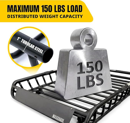 MaxxHaul Steel Roof Rack Cargo Basket, 46" x 36" x 4.5" Roof Top Carrier, Universal Fit for Cars, SUVs, Vans, and RVs, 150 lb Capacity, Weather-Resistant Easy-Install Cargo Storage (70115)