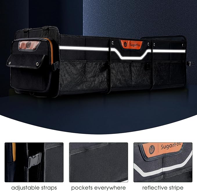SugarFox Car Trunk Organizer for SUV, Heavy Duty Waterproof Trunk Organizer, Foldable Collapsible Car Organizer with Cooler, Multi-Compartment Large Trunk Organizer (95L), Black-M003