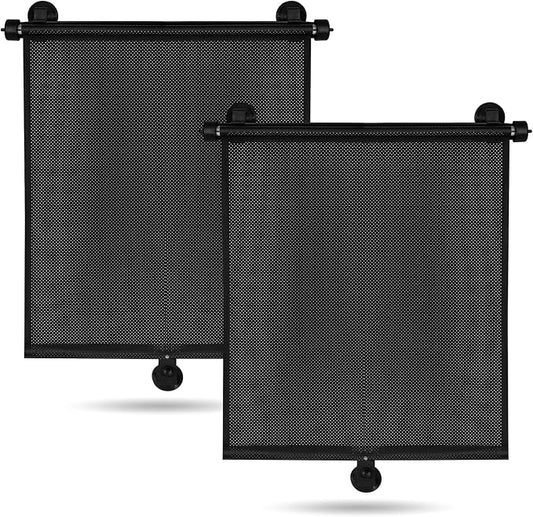 2 Pack Car Side Window Sun Shade - Retractable Car Roller Sunshadewith Reinforced Suction Cups, Drop Down UV Interior Sunshade, Stroller Window Sunshade (15" x 17")