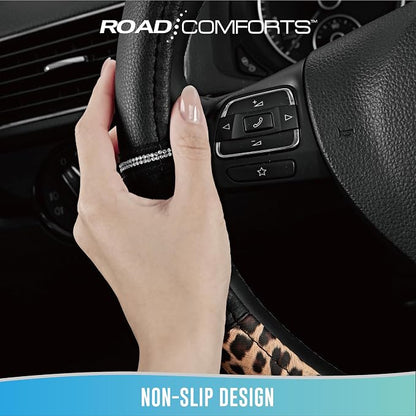 Road Comforts Leopard Steering Wheel Cover for Women, Cute Anti-Slip Microfiber Leather, Universal Fit 14.5-15 Inch Round Steering Wheel - Black