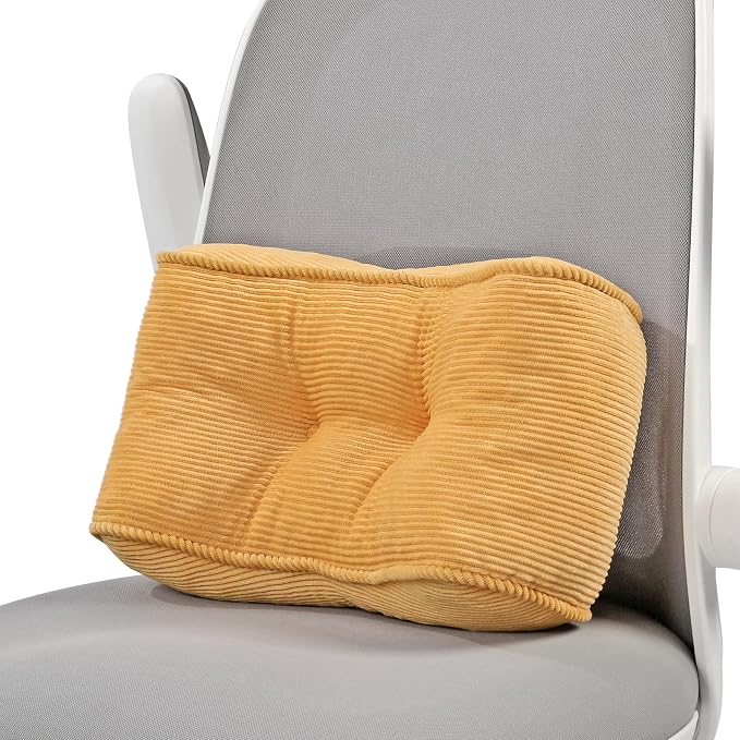 Lumbar Support Pillow for Study Desk Chair, Bite-Size Natural Latex Foam Back Support Pillow for Lower Back Pain Relief, Soft & Support Corduroy Office Chair Cushion, S, Yellow