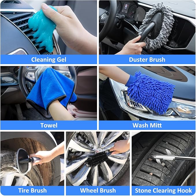 44Pcs Car Wash Detailing Kit Cleaning Kits with Foam Gun Sprayer Wash Mop with Long Handle Collapsible Bucket Large Wash Mitt Towels Complete Interior Exterior Car Washing Supply Set Blue
