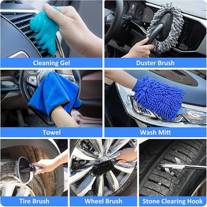 44Pcs Car Wash Detailing Kit Cleaning Kits with Foam Gun Sprayer Wash Mop with Long Handle Collapsible Bucket Large Wash Mitt Towels Complete Interior Exterior Car Washing Supply Set Blue