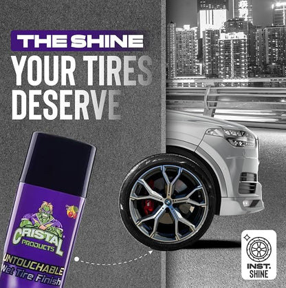 Cristal Products Untouchable Tire Shine Spray – Long-Lasting Wet Tire Finish for Deep Gloss & Protection – Waterproof Tire Shine, Easy Application, Premium Tire Cleaner Shine 13oz (12PK)