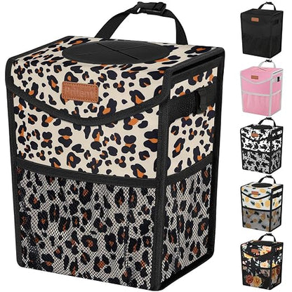 Pritent Car Trash Can with Lid, Cute Leakproof Car Trash Garbage Bag Hanging Vehicle Trash Bin Small Portable Automotive Garbage Cans Organizer for Back/Front Seat/Console(2.8 gal,Leopard