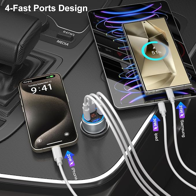 USB C Car Charger 5 Pack, 65W Dual 12V USB C & USB A Car Charger with Voltage Display Multi Port PD/QC 3.0 Fast Charge Cigarette Lighter Adapter for iPhone 17/16/15/14/13 Pro,Galaxy S25,Android(Grey)