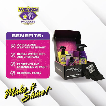 Wizards Ceramic Coat for Paint Kit - 9 Piece Ceramic Coating for Detailing Supplies - Provides High Gloss, Luster, Shine and Protection for Vehicles - Versatile Car Scratch Remover for Auto Detailing