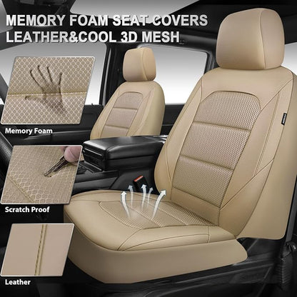 CAR PASS Memory Foam Car Seat Covers,Air Cool Mesh Thick Seat Covers Front Seats,Beige Leather Seat Cover for Car,Universal Automotive Comfort for Most Cars,SUV,Trucks,Airbag Compatible,All Beige