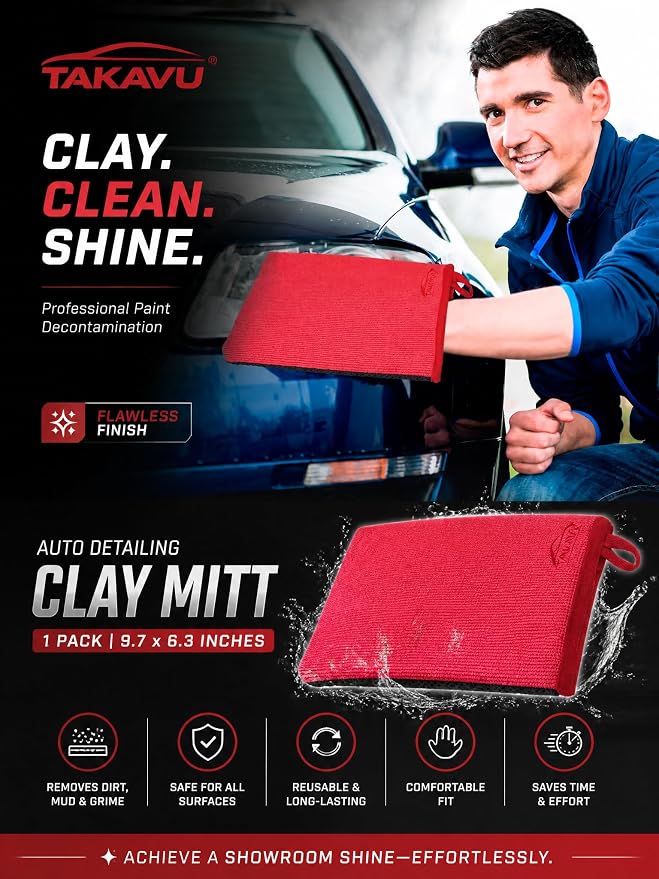 TAKAVU Auto Detailing Clay Mitt 1 Pack 9.7x6.3 inches, Magic Clay Bar Mitt Premium Mesh and Microfiber for Remove Dirts Mud Grime, Car Cleaning Detail Glass Wheel Windshield (Red)