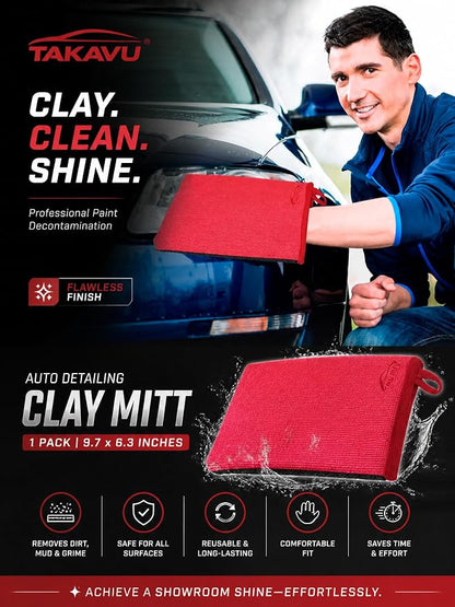 TAKAVU Auto Detailing Clay Mitt 1 Pack 9.7x6.3 inches, Magic Clay Bar Mitt Premium Mesh and Microfiber for Remove Dirts Mud Grime, Car Cleaning Detail Glass Wheel Windshield (Red)