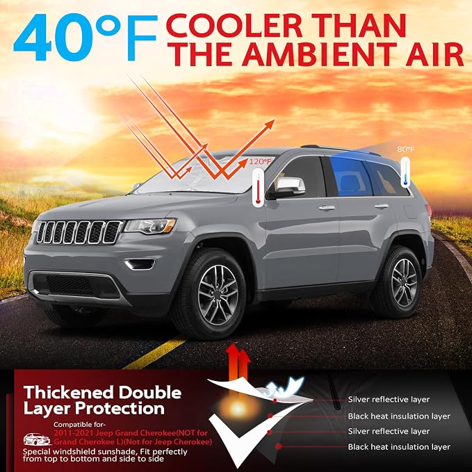 KAYZT Windshield Sun Shade for 2011-2025 2026 Jeep Grand Cherokee SUV, Custom Fit, Foldable, Dual-Layer Protection, UV Defense, Easy to Use and Store