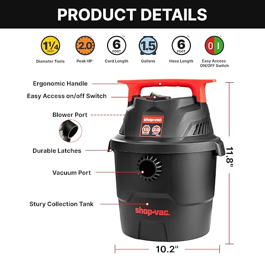 Shop-Vac 1.5 Gallon 2.0 Peak Wet/Dry Vacuum, Small Portable Shop Vacuum with Attachments, Mini for Garage, Car, Home and Pet