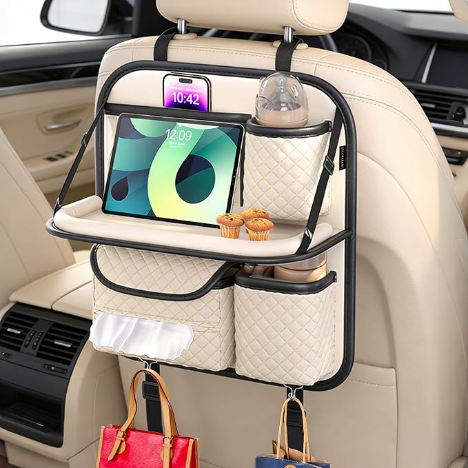 PU Leather Backseat Car Organizer with Tray, Cup Holder, Tablet Pocket & Tissue Holder, Back Seat Car Organizer for Kids and Women, Universal Car Seat Storage Organizer (Beige)