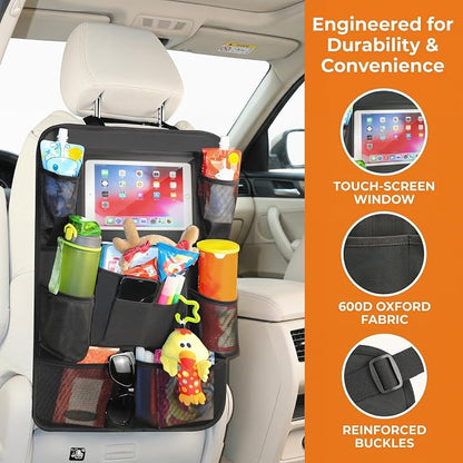 Backseat Car Organizer, 2 Pack Kick Mats Back Seat Protector with Touch Screen Tablet Holder, 9 Storage Pockets for Travel Accessories & Toys, Waterproof & Easy-Clean Black Protector