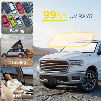 Car Sun Shade for 2019-2024 2025 2026 Dodge Ram 1500 Windshield Sun Shade, Sun Visor Windshield Screen Cover for Ram Front Window Sunshade Foldable Auto Interior Accessories UV Block to Keep Cool