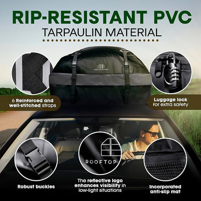 21 Cubic Feet Car Rooftop Soft Shell Cargo Carrier, 100% Waterproof - Car Storage for All Vehicle with/Without Racks - Attached Anti Slip Mat, Storage Bag, 6 Door Hooks and 6 Straps