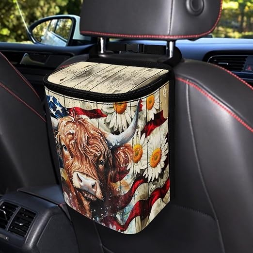 Talayituse Highland Cattle Daisy Print Car Trash Can with Lid, American Flag Wood Leak Proof Auto Trash Bag Hanging Vehicle Garbage Can Multipurpose Storage Container for Back Seat Road Trip
