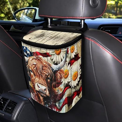 Talayituse Highland Cattle Daisy Print Car Trash Can with Lid, American Flag Wood Leak Proof Auto Trash Bag Hanging Vehicle Garbage Can Multipurpose Storage Container for Back Seat Road Trip