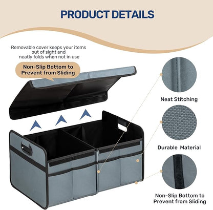 YSSOA Car Trunk Organizer with Lid, Collapsible 2 Compartment Automotive Storage Box, 600D Waterproof Oxford Polyester 50L Travel Accessories, Anti-slip & Leak-proof, Grey-Green