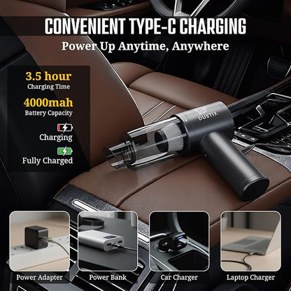 Car Vacuum Portable Cordless 12000Pa Powerful Suction Handheld Mini Rechargable Small Hoover Cleaner Brushless Motor 4000mAh Rechargeable Type C Blower Inflator Deflator Car Cleaning Kit