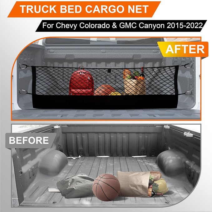 Truck Cargo Net for Chevy Colorado & GMC Canyon 2023-2025 Accessories, Envelope Style Pickup Cargo Net with Storage Bag, Heavy Duty Elastic Mesh Organizer with Carabiners, Secures Groceries & Gear
