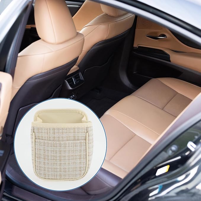 Car Trash Can Portable and Hanging 6.3" Length 3.9" Width 7.1" Height Trash Bin Fabric Beige 1 Pcs