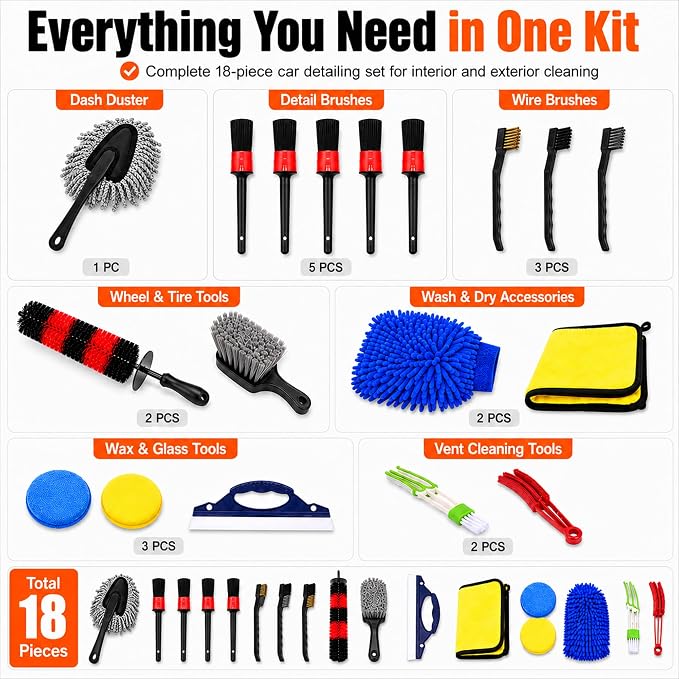 18-Piece Car Detailing Kit – Complete Car Interior Detailing Kit and Exterior Cleaning Set with Detail Brushes, Wire Brushes, Waxing Mop, and Microfiber Accessories for Vehicles