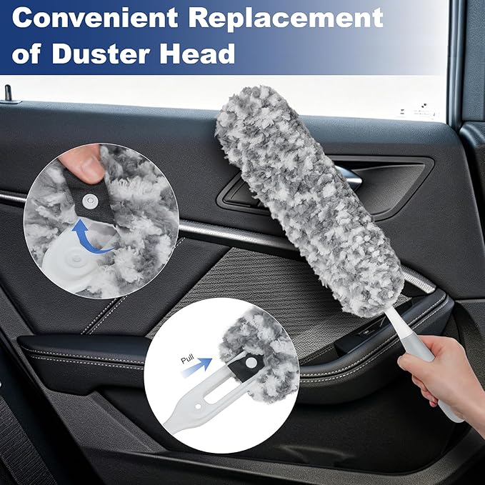 17.3" Handheld Microfiber Car Duster for Cleaning, Multi-Purpose Duster with Detachable & Washable Head, for Car Interiors, Electronic Products, Furniture, Windows, and Delicate Surfaces
