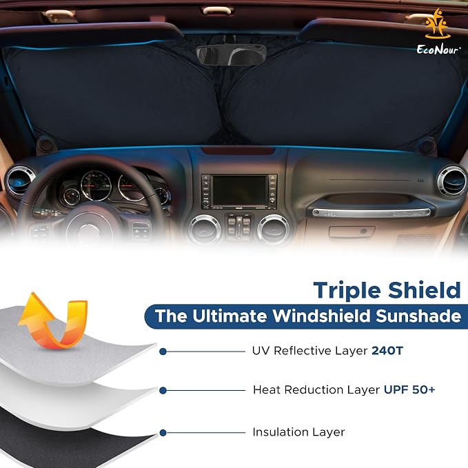 Econour Jeep Windshield Sun Shade for Jeep Wrangler JK JL JLU 4xe and Gladiator JT, Foldable Front Window Sunshade, UV Rays and Heat Shield Sun Visor